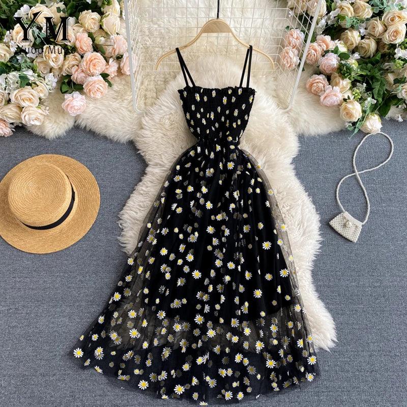 Vestido de Festa com Estampa de Margaridas em estilo Coreano, perfeito para o Verão