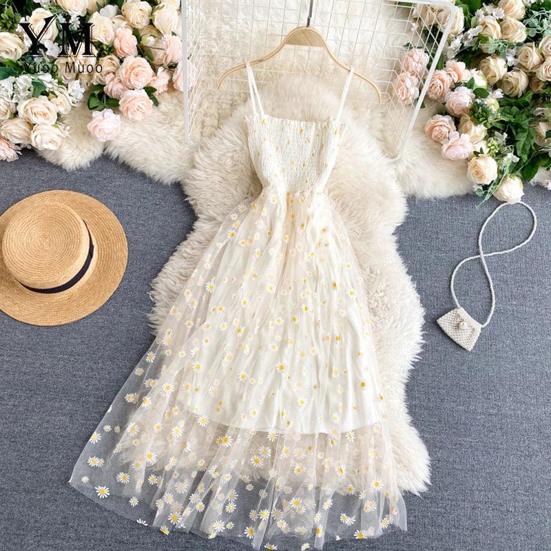 Vestido de Festa com Estampa de Margaridas em estilo Coreano, perfeito para o Verão