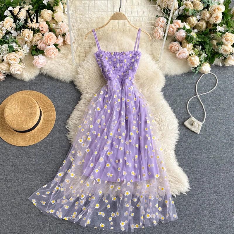 Vestido de Festa com Estampa de Margaridas em estilo Coreano, perfeito para o Verão