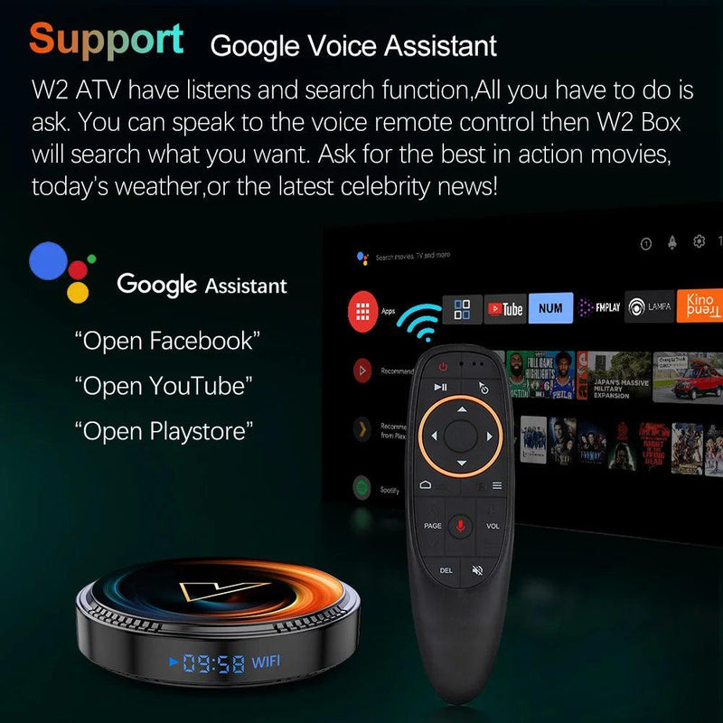 TV Box Android W2 ATV com suporte 4K, Wi-Fi 2.4&5G, Bluetooth e controle remoto por voz