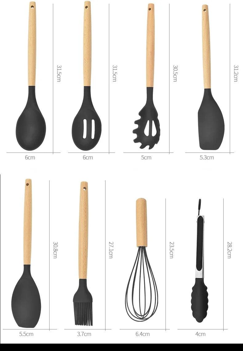 Conjunto de Utensílios de Cozinha de Silicone Antiaderente com Cabos de Madeira