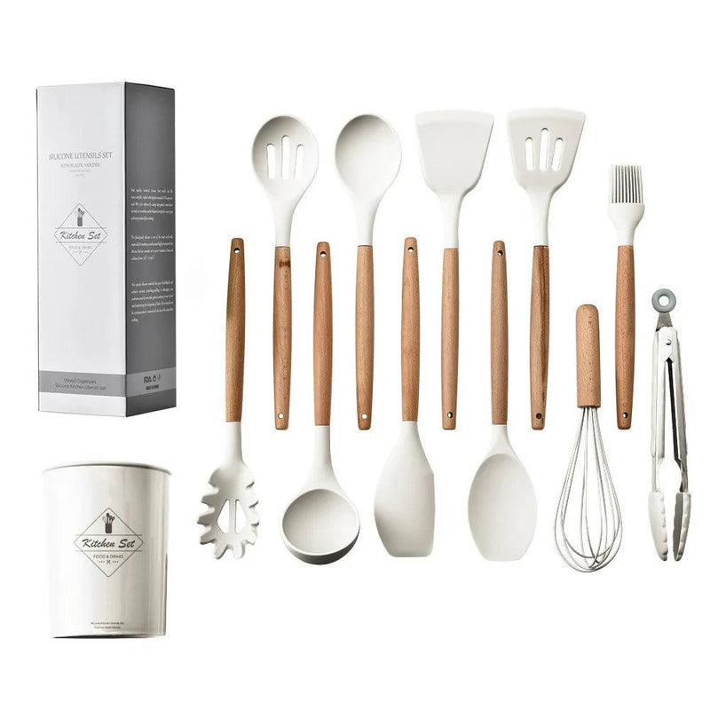 Conjunto de Utensílios de Cozinha de Silicone Antiaderente com Cabos de Madeira