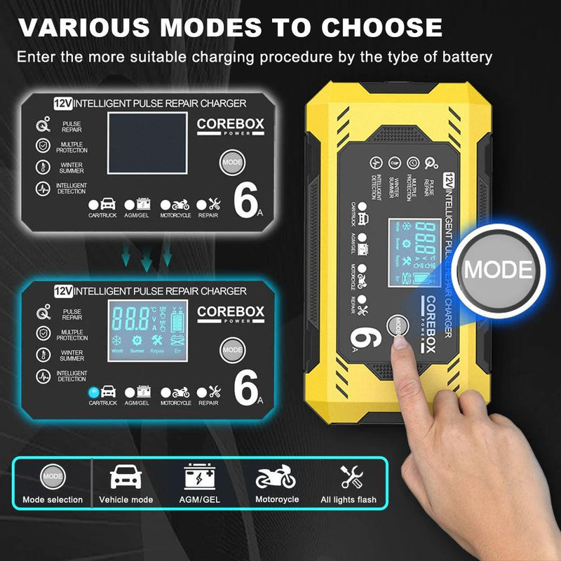 Carregador de Bateria Automotivo 6A 12V para Carros e Motos, com Manutenção Inteligente de Baterias de Ácido Chumbo