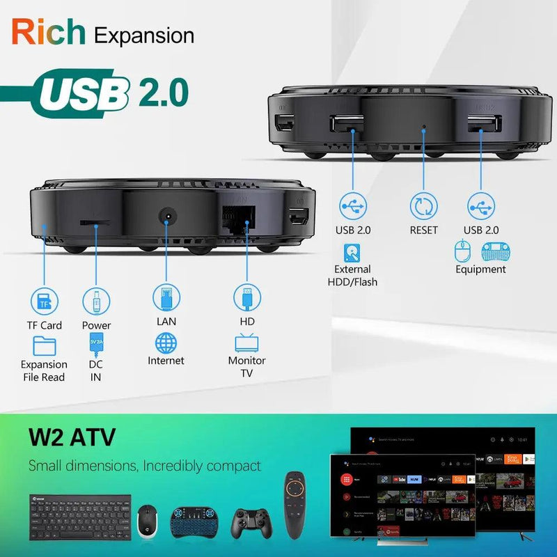 TV Box Android W2 ATV com suporte 4K, Wi-Fi 2.4&5G, Bluetooth e controle remoto por voz