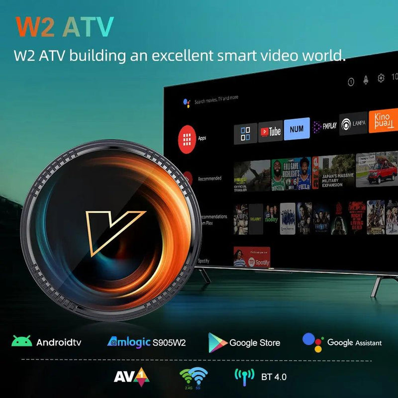 TV Box Android W2 ATV com suporte 4K, Wi-Fi 2.4&5G, Bluetooth e controle remoto por voz