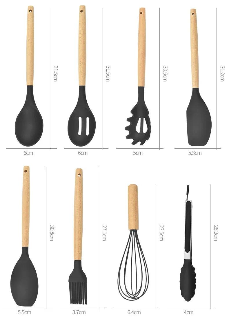 Conjunto de Utensílios de Cozinha de Silicone Antiaderente com Cabos de Madeira