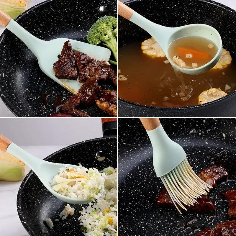 Conjunto de Utensílios de Cozinha de Silicone Antiaderente com Cabos de Madeira