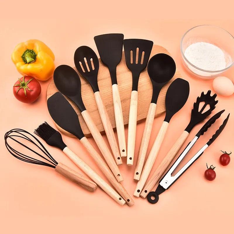 Conjunto de Utensílios de Cozinha de Silicone Antiaderente com Cabos de Madeira