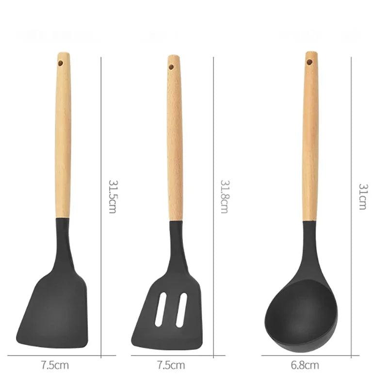 Conjunto de Utensílios de Cozinha de Silicone Antiaderente com Cabos de Madeira