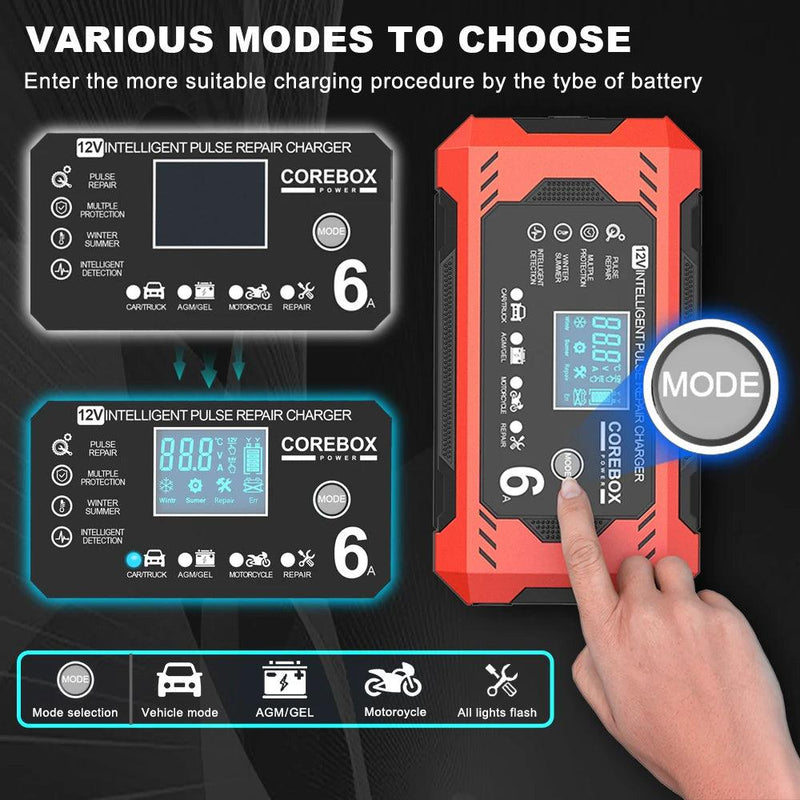 Carregador de Bateria Automotivo 6A 12V para Carros e Motos, com Manutenção Inteligente de Baterias de Ácido Chumbo