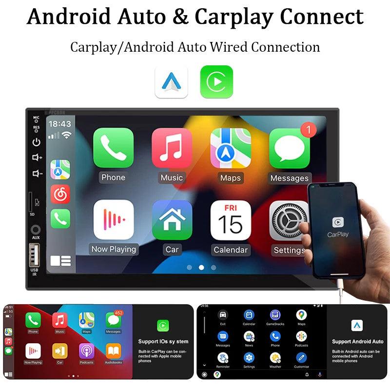 Rádio de Carro 1 Din de 7 polegadas com Carplay, Android Auto, Bluetooth e tela sensível ao toque HD