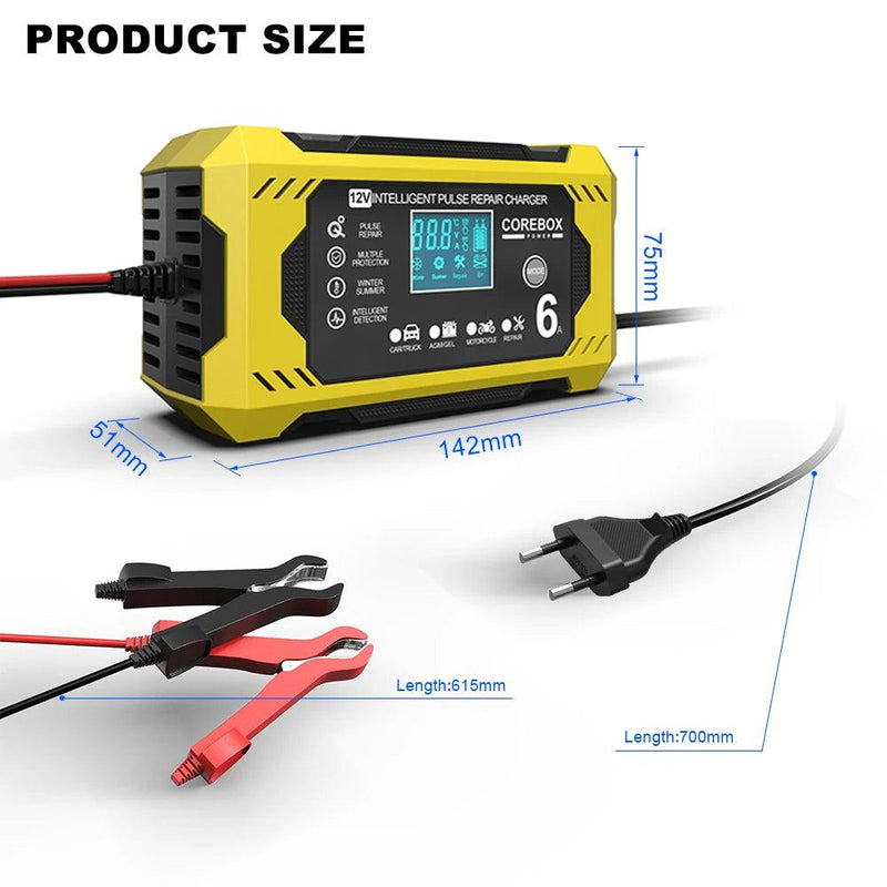 Carregador de Bateria Automotivo 6A 12V para Carros e Motos, com Manutenção Inteligente de Baterias de Ácido Chumbo