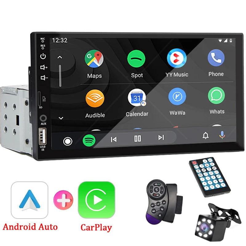 Rádio de Carro 1 Din de 7 polegadas com Carplay, Android Auto, Bluetooth e tela sensível ao toque HD